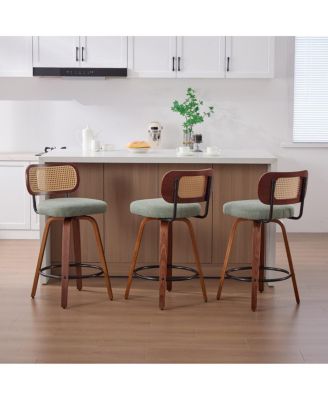 Rattan Cane Back Counter Height Stools Set of 3, Swivel Counter Stools with Upholstered Seat, Kitchen Island Stools