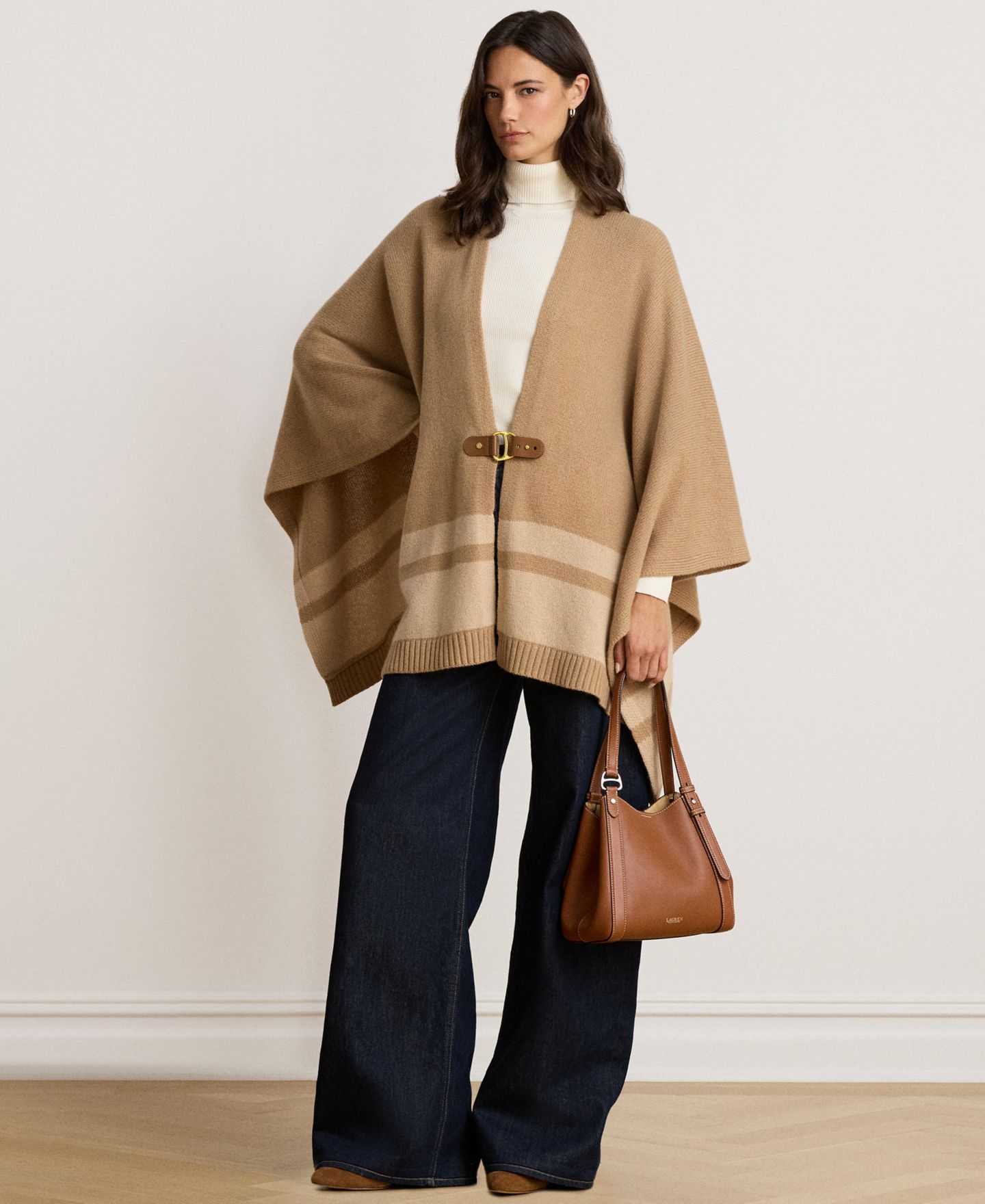 Женское пончо Lauren Ralph Lauren из шерсти и кашемира, двухцветное, с пряжкой, цвет: Верблюжий разноцветный — фото 3