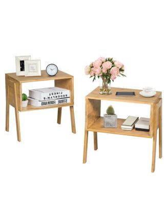 2 Pieces Bamboo Nightstand Sofa Table with Storage Shelf