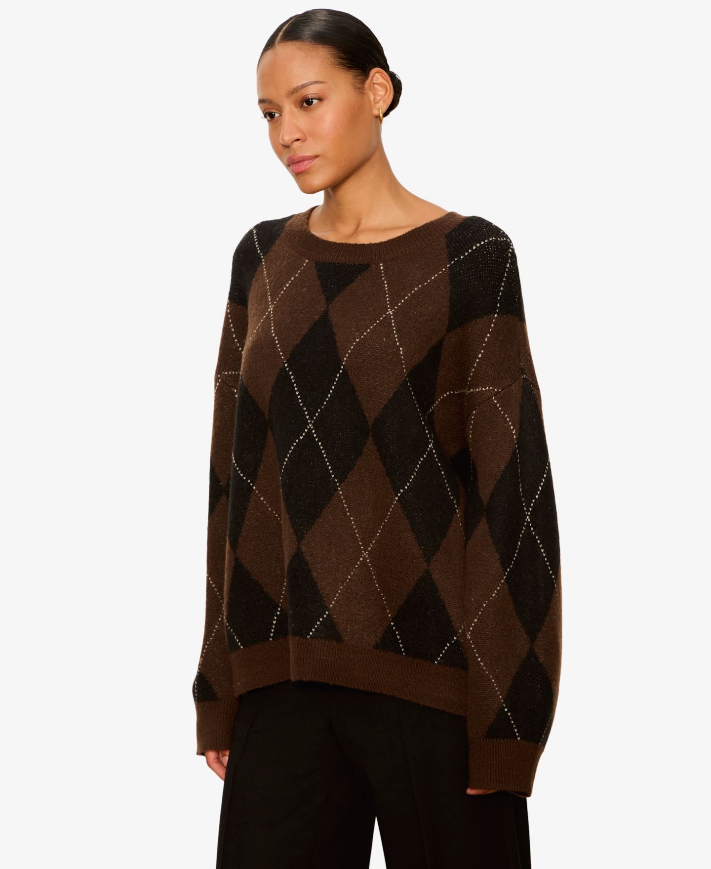 Женский свитер Sanctuary Argyle Crew Long-Sleeve Pullover, цвет: Тёмно-коричневый с ромбами — фото 2