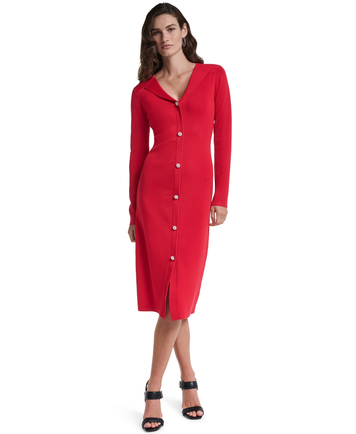 Karl Lagerfeld Paris Women's V-Neck Long-Sleeve Colorblock Midi Sweater Dress