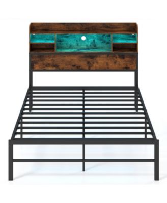 Full Size Bed Frame with Headboard LED Lights and Charging Station Rustic