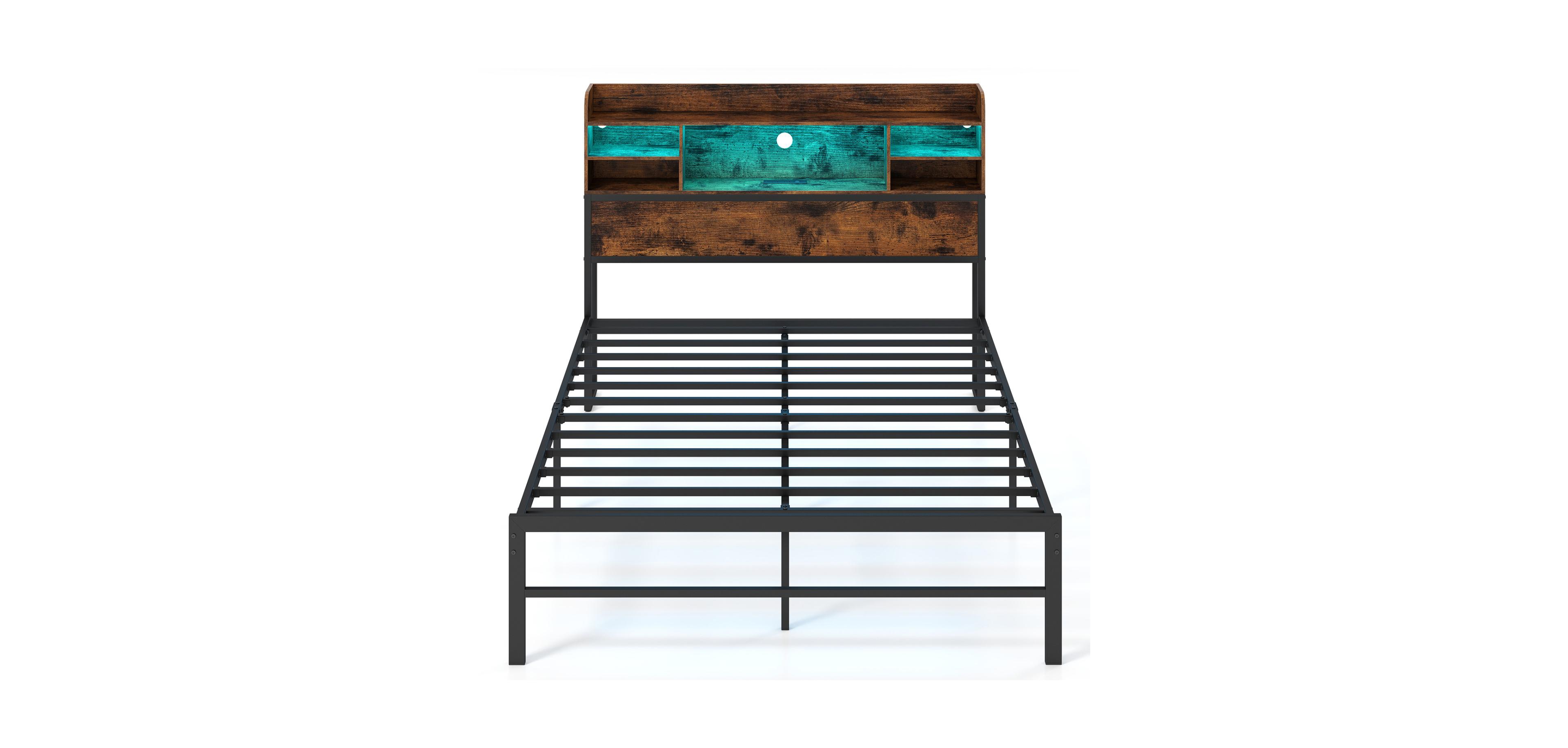 Mecale Full Size Bed Frame with Headboard Led Lights and Charging Station Rustic