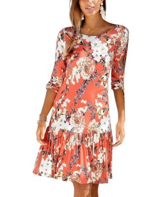 Women's Viscose Floral Print Drop Waist Ruffle-Trim Short Dress