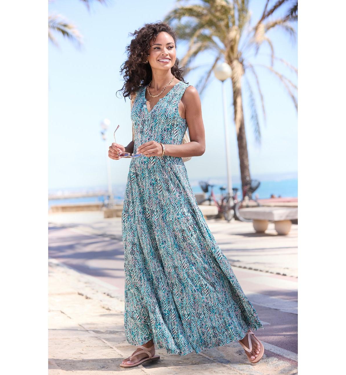 Lascana Women's Viscose Printed Sleeveless A-Line Notch-Neck Maxi Dress