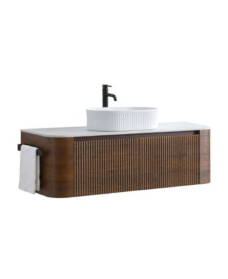 48 Inch Floating Bathroom Vanity, MDF Cabinet, Sintered Stone Top with Ceramic Vessel Sink, Soft-Close Drawers, Pre-Assembled