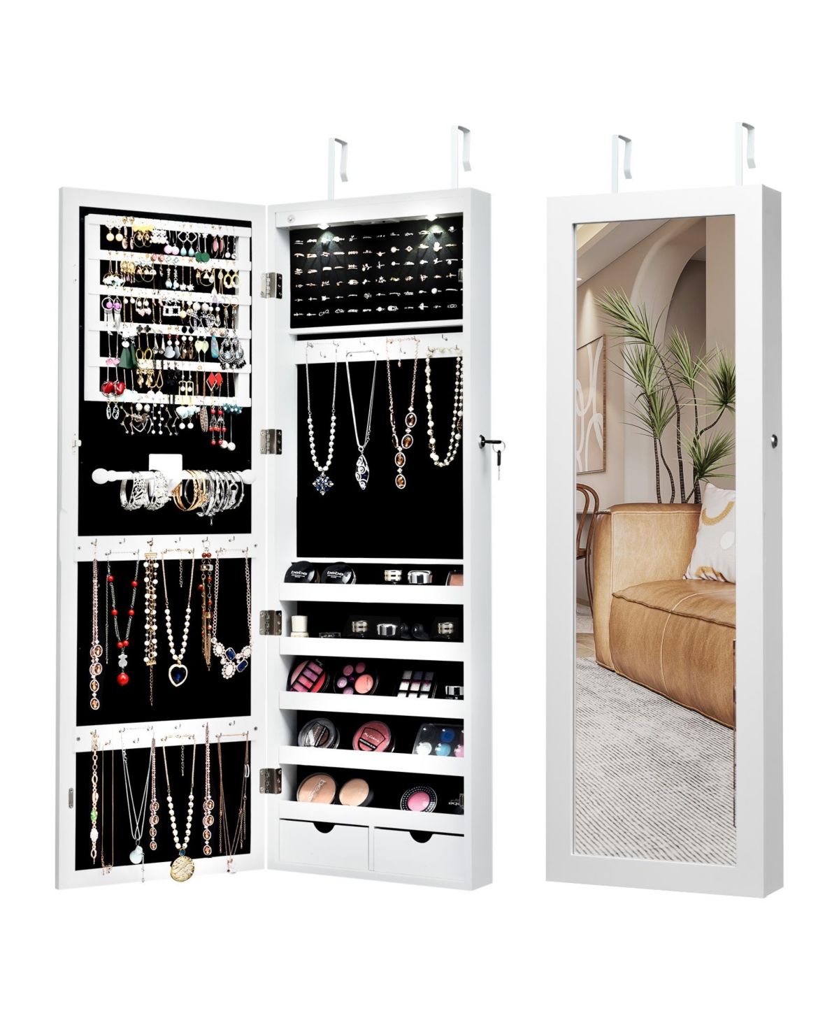Mecale Lockable Wall Mount Mirrored Jewelry Cabinet with Led Lights