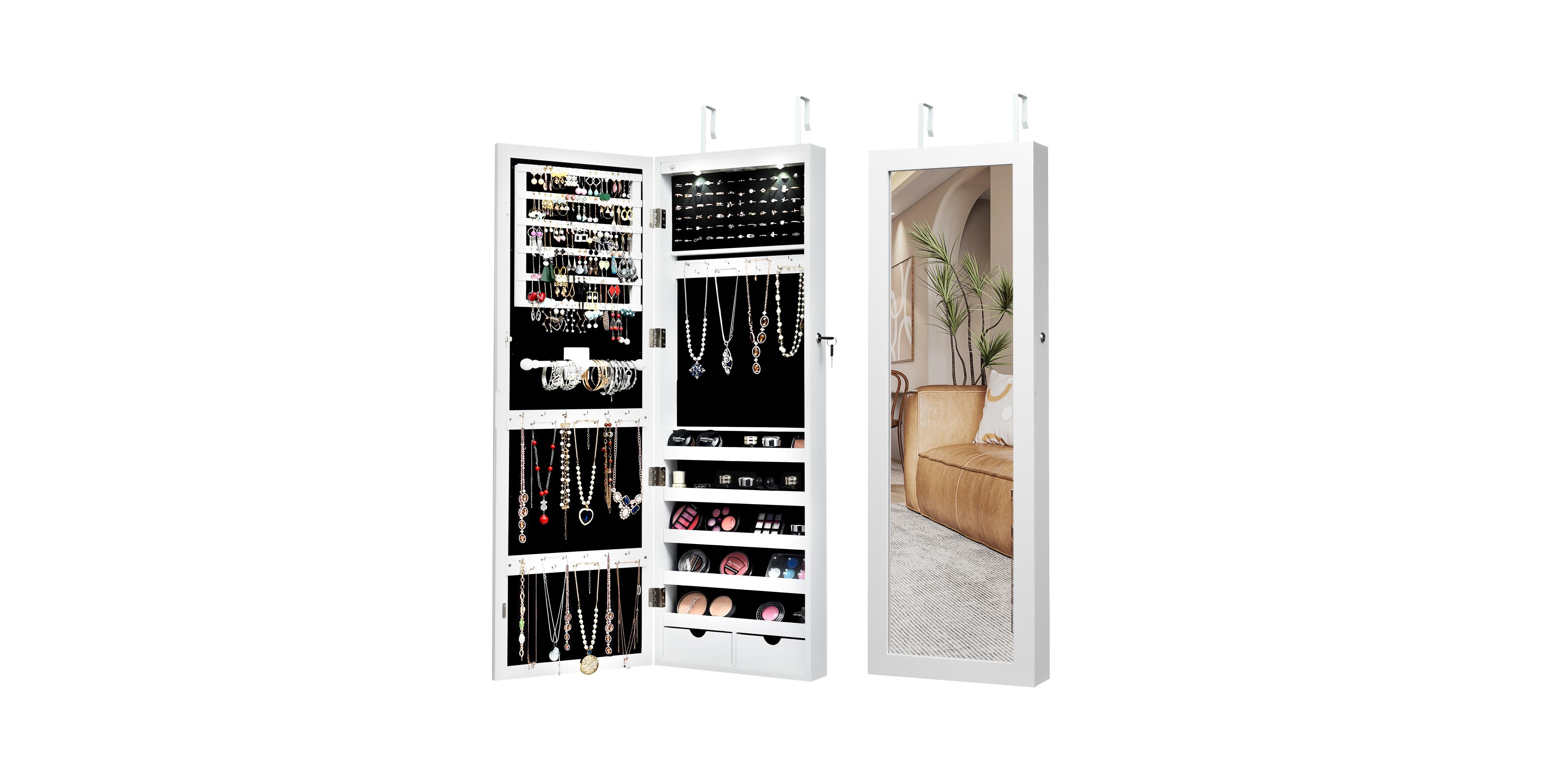 Mecale Lockable Wall Mount Mirrored Jewelry Cabinet with Led Lights
