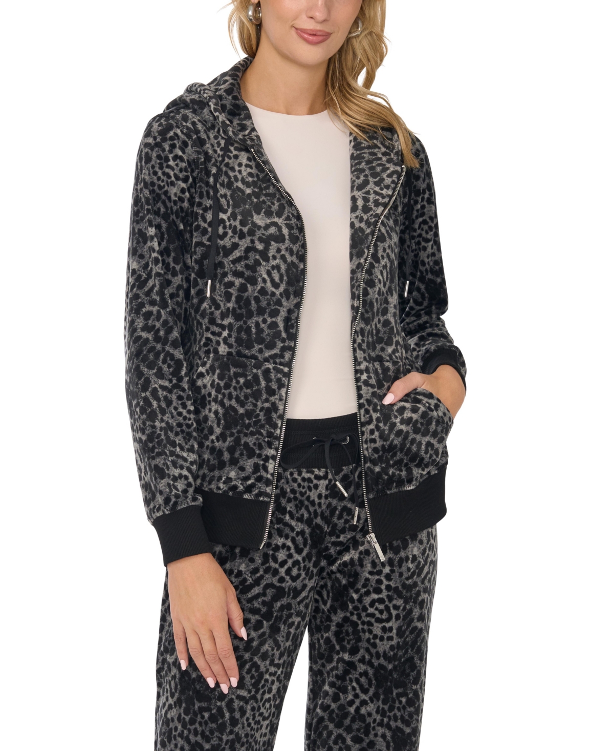 Vince Camuto Women's Velour Animal-Print Zip-Front Hoodie Jacket