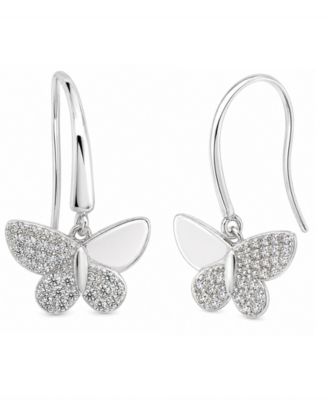 Cubic Zirconia Butterfly Drop Earring in Silver Plate, Gold Plate or Rose Gold Plate