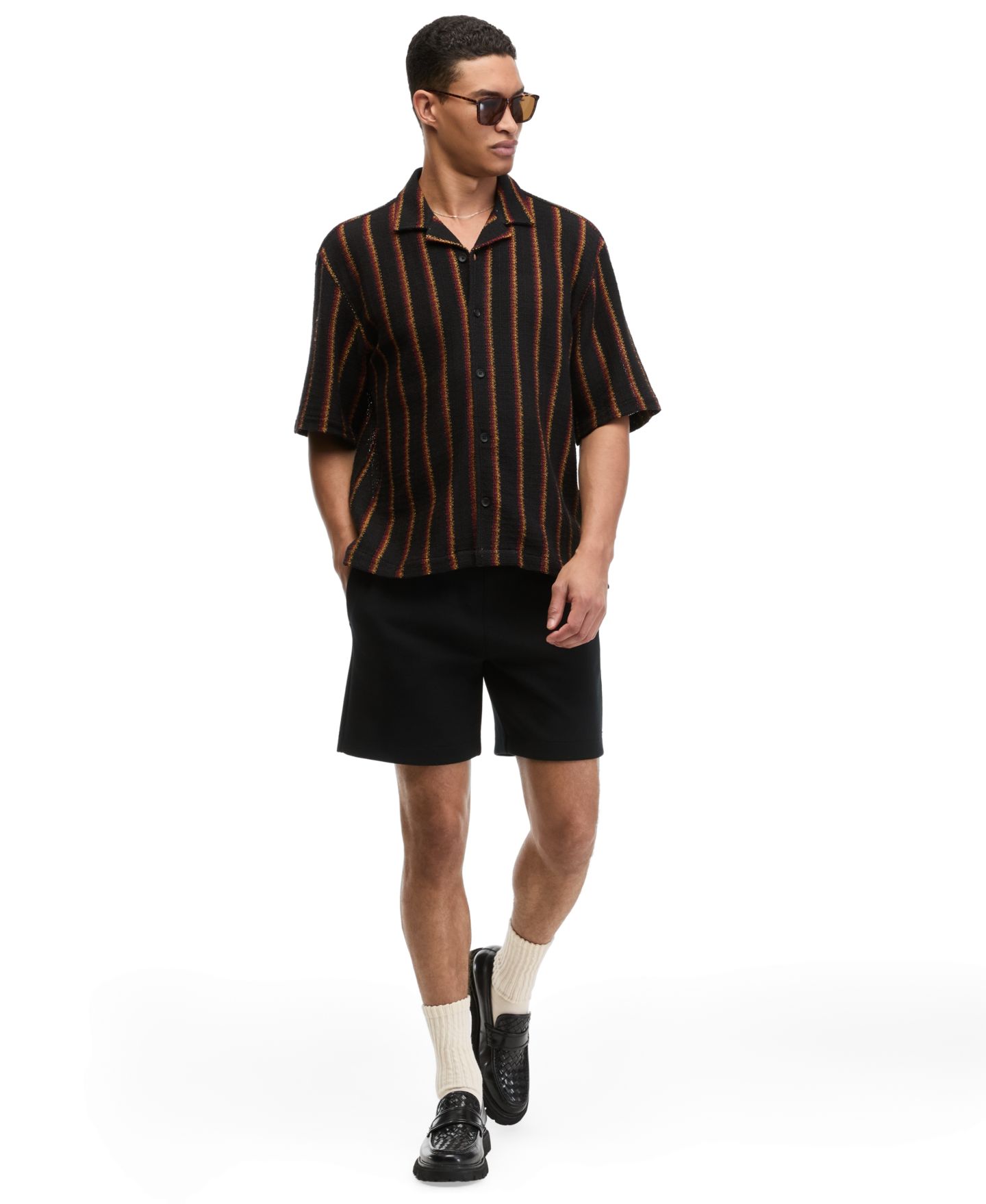 Мужская рубашка Mode of One Camp Collar Stripe Crochet Short-Sleeve, цвет: Глубокий чёрный — фото 2