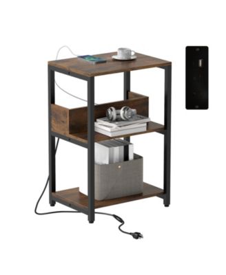 Side End Table with Charging Station and Open Shelves Rustic