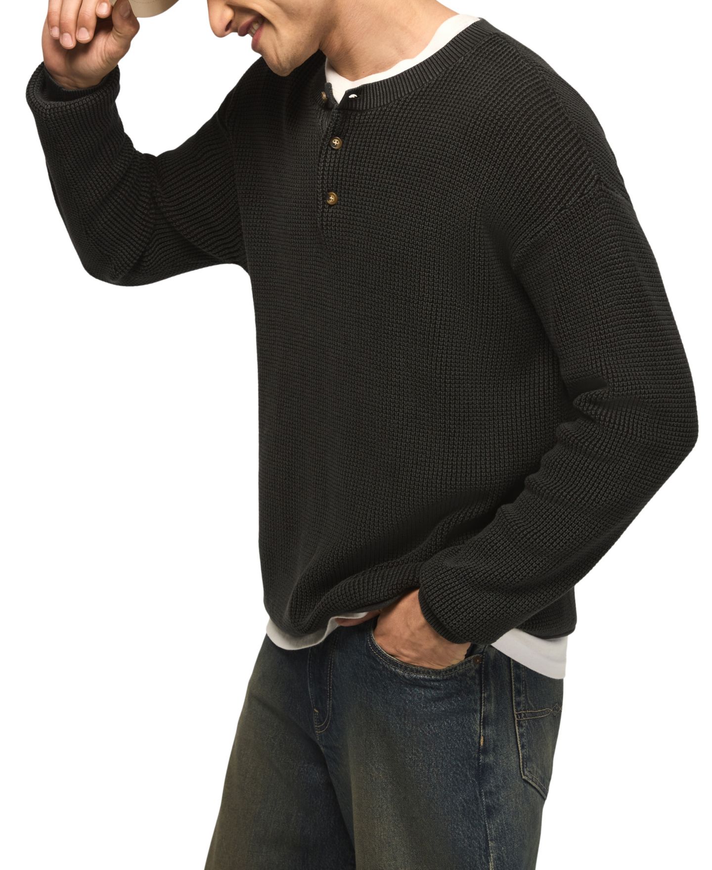 Мужской свитер Lucky Brand Washed Waffle-Knit Henley, цвет: Caviar — фото 1