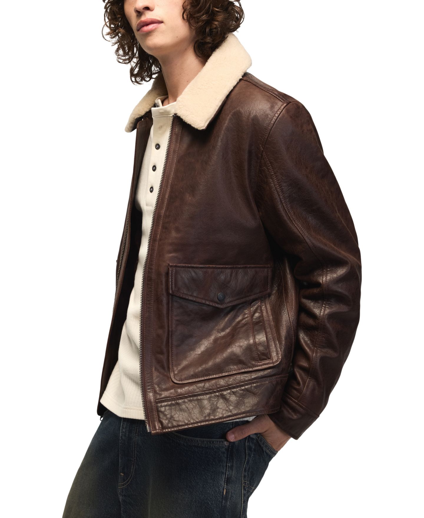 Мужская куртка Lucky Brand Aviator Faux Shearling Collar Regular-Fit Leather, цвет: Коричневый — фото 3