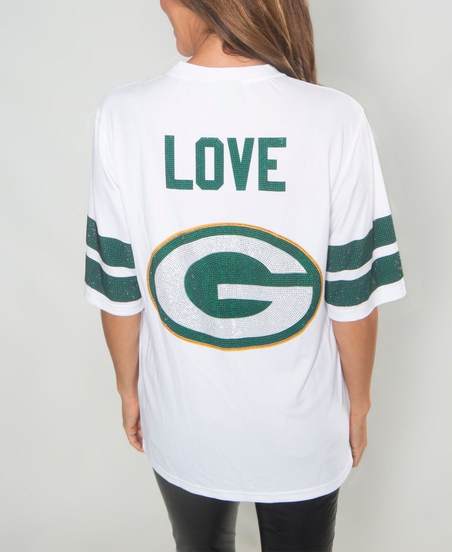 Женский топ Fabgating By Cuce Cuce Jordan Love White Green Bay Packers Crystal V-Neck Tunic — фото 2