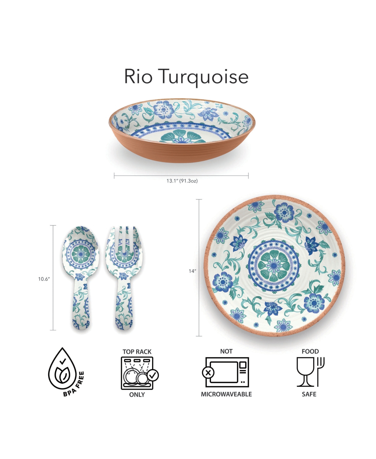 Abode Homewares Rio Turquoise Floral Melamine Oval Serve Bowl