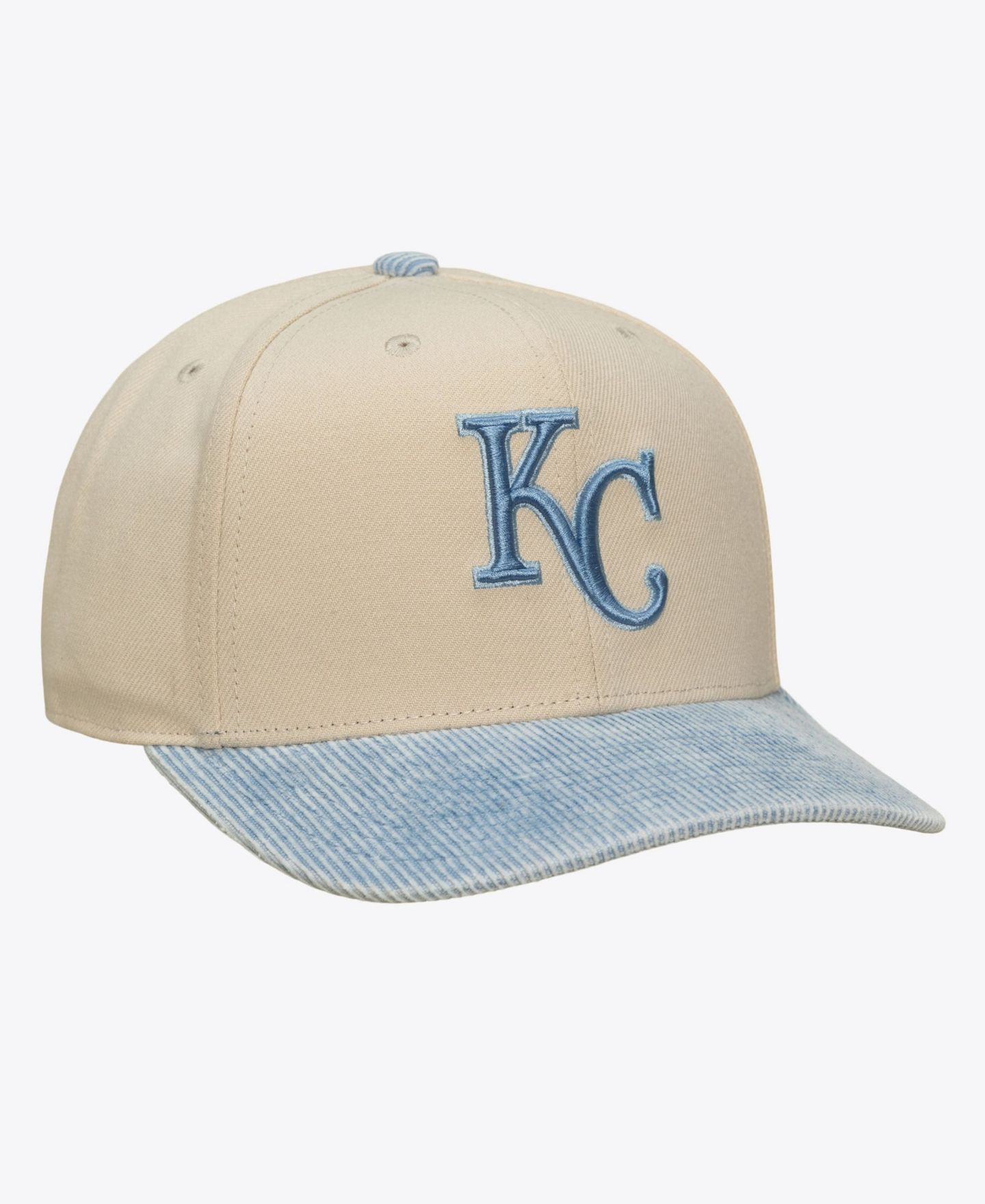 Мужская кепка Mitchell & Ness Cream/Light Blue Kansas City Royals Washed Corduroy Pro Crown Snapback Hat — фото 2