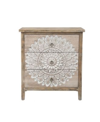 3 Drawer Natural Wood Floral Accent Chest