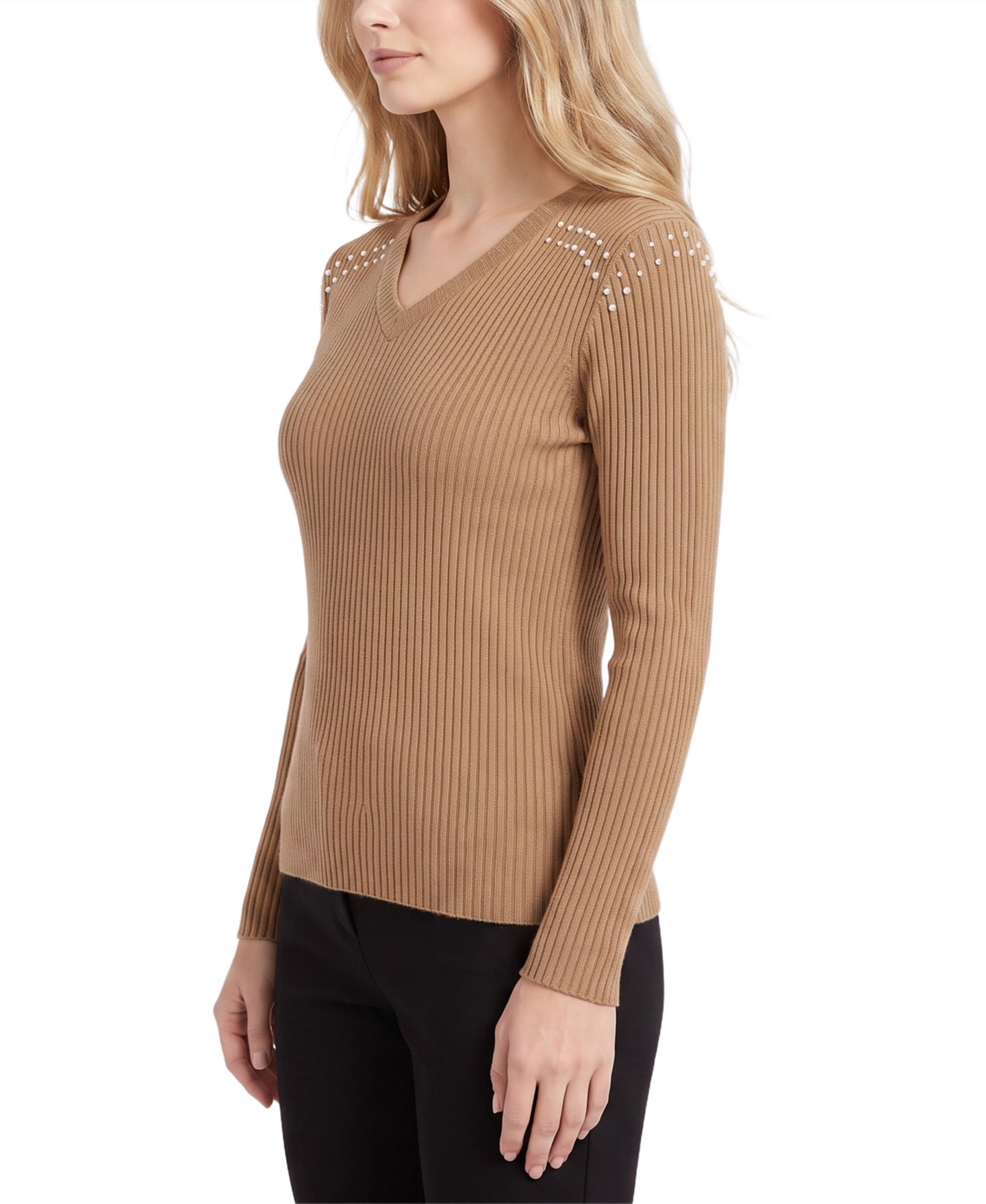 Женский свитер NY Collection Long-Sleeve Ribbed V-Neck, цвет: Cafe — фото 2