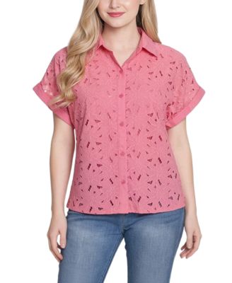 Women's Short-Sleeve Point-Collar Button-Down Top