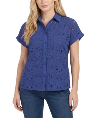 Women's Short-Sleeve Point-Collar Button-Down Top