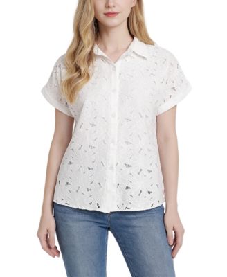 Women's Short-Sleeve Point-Collar Button-Down Top