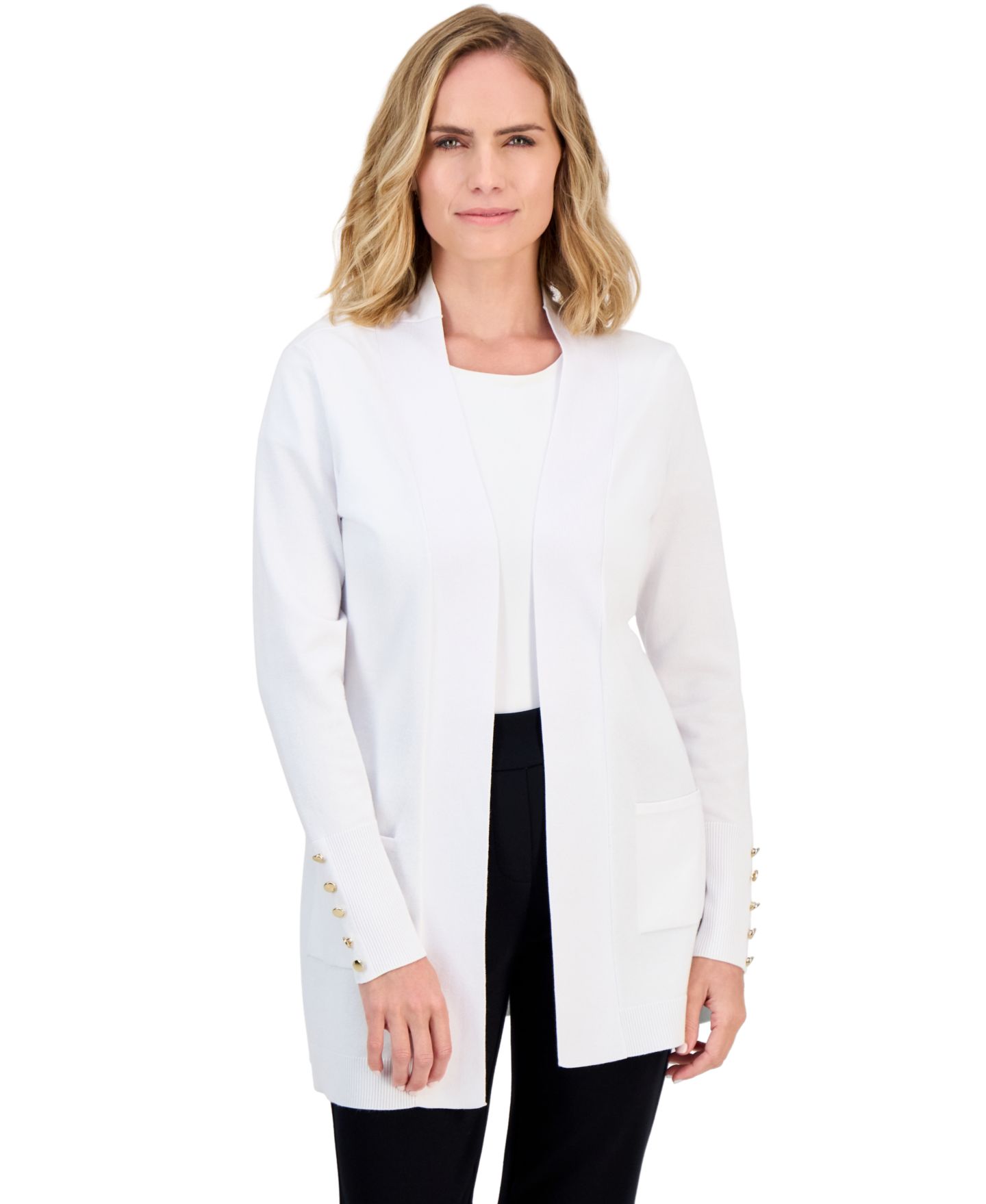 Женский кардиган JM Collection Petite Open-Front Button-Cuff Cardigan, цвет: Яркий белый — фото 4