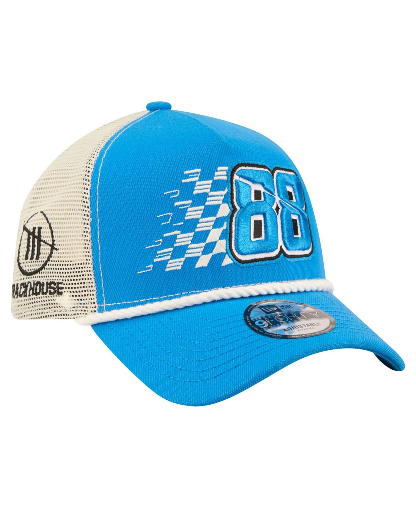 Мужская кепка New Era Blue Connor Zilisch Trackhouse Driver Number A-Frame 9FORTY Trucker Rope Adjustable Hat — фото 1