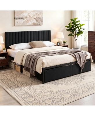 Modern Bed Frame, Heavy Duty Metal Platform Bed with Upholstered Headboard, Under-bed Storage Drawers