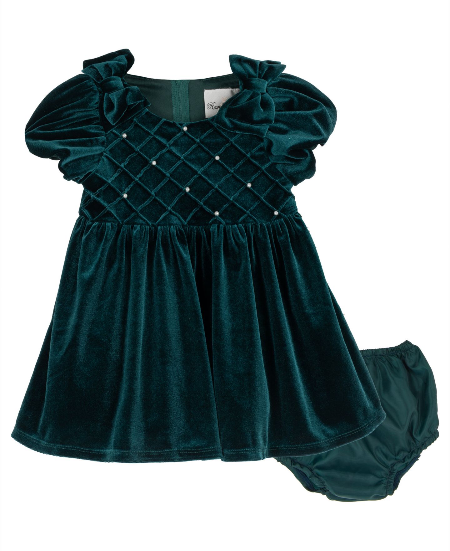 Rare Editions Baby Girls' Velvet Pintuck with Imitation Pearl Embellishments Puff-Sleeve Dress and Bloomer, 2-Piece Set, цвет: Тёмно-зелёный — фото 2