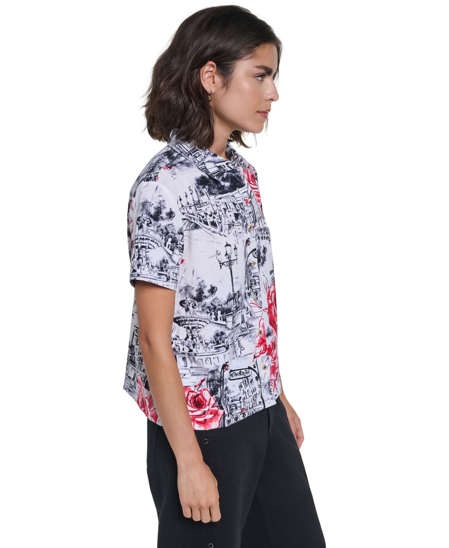 Женская блузка KARL LAGERFELD PARIS Allover-Print Short-Sleeve Button-Down, цвет: Белый / Красный разноцветный — фото 3