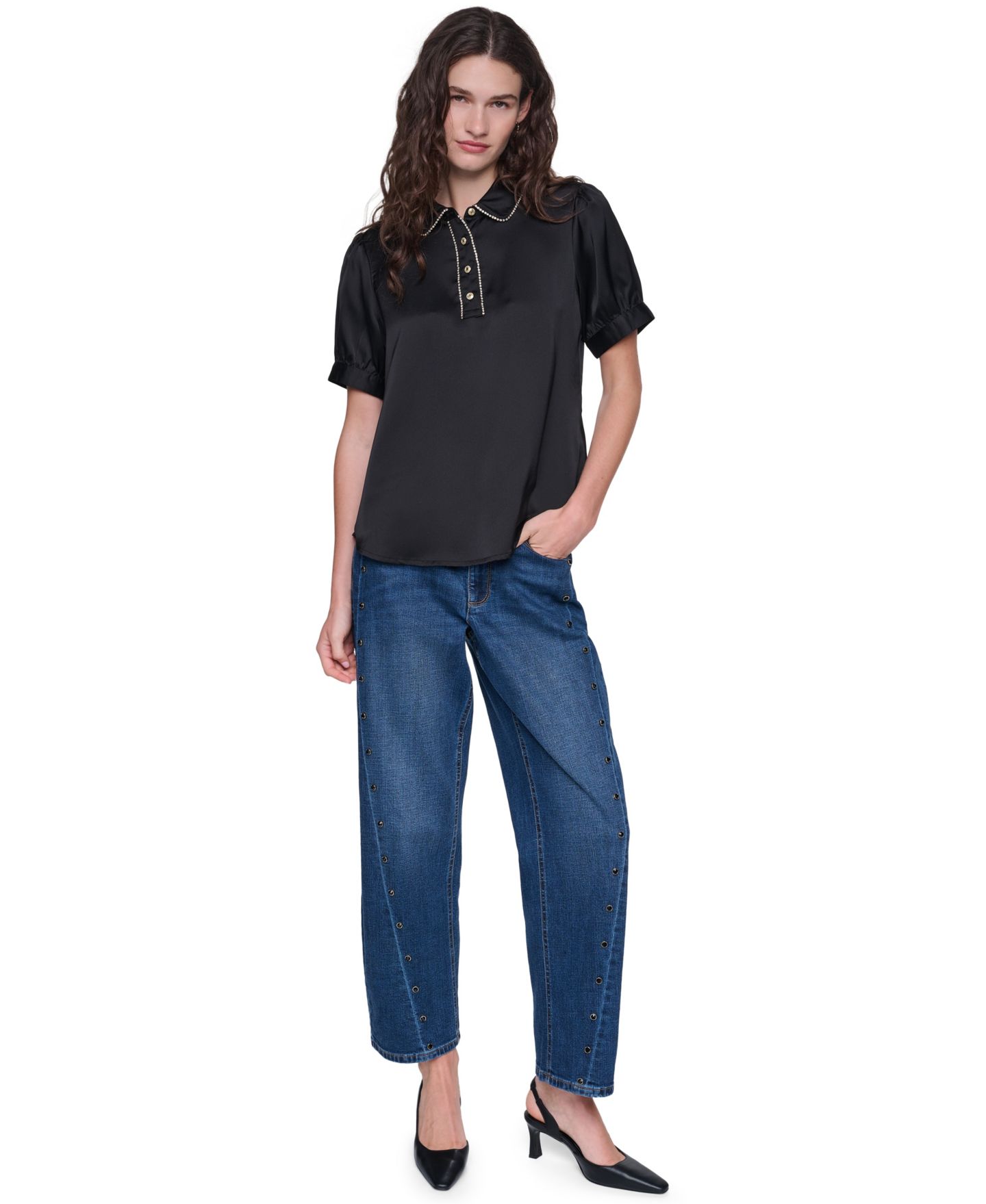 Женская блузка KARL LAGERFELD PARIS Short-Sleeve Satin Crystal-Embellished Collared, цвет: Чёрный — фото 2