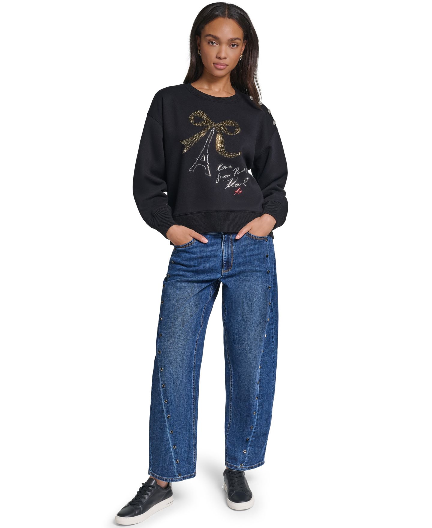 Женская толстовка KARL LAGERFELD PARIS Graphic Crewneck Pullover, цвет: Чёрный — фото 2