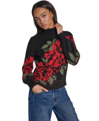 Women's Rose Floral-Print Mock Neck Pullover Sweater