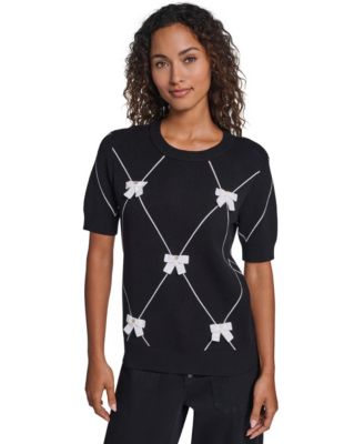 Women's Argyle 3D Bow Short-Sleeve Crewneck Sweater