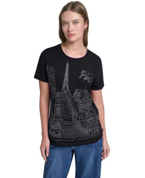 Женская футболка KARL LAGERFELD PARIS Sparkle Paris Scene Crewneck Short-Sleeve T-Shirt, цвет: Чёрный
