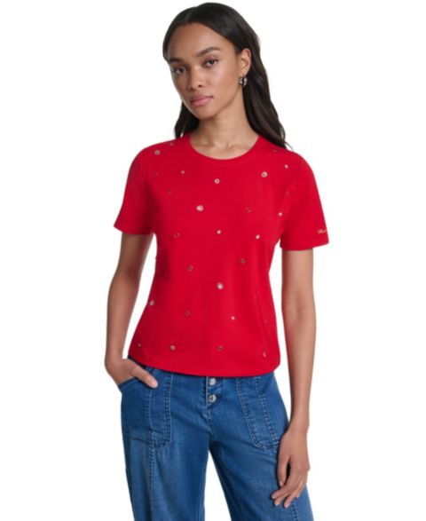 Женская футболка KARL LAGERFELD PARIS Crewneck Gem-Embellished Short-Sleeve, цвет: Красный