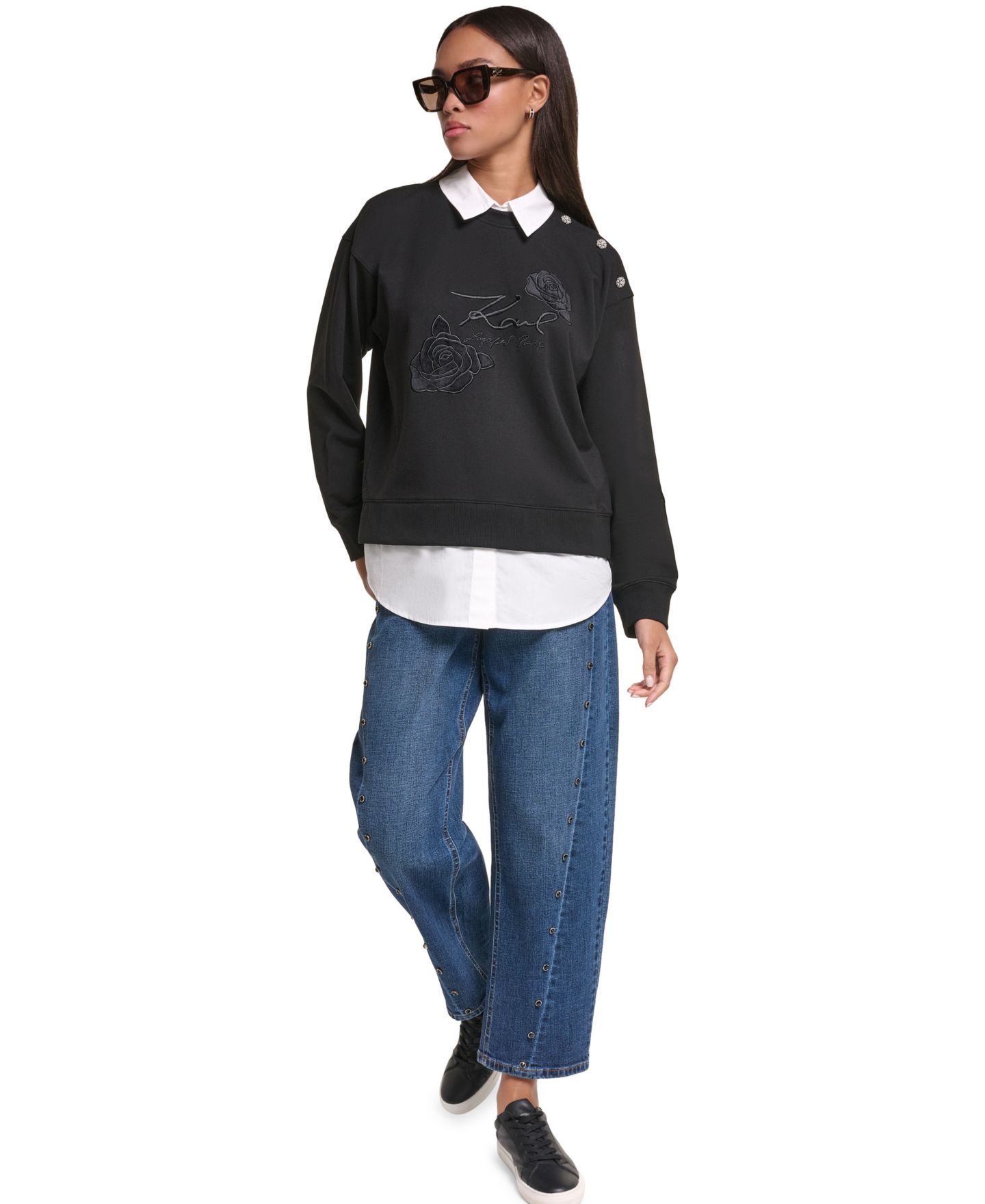 Женский свитшот KARL LAGERFELD PARIS Collared Twoffer Oversized Sweatshirt, цвет: Чёрный — фото 3