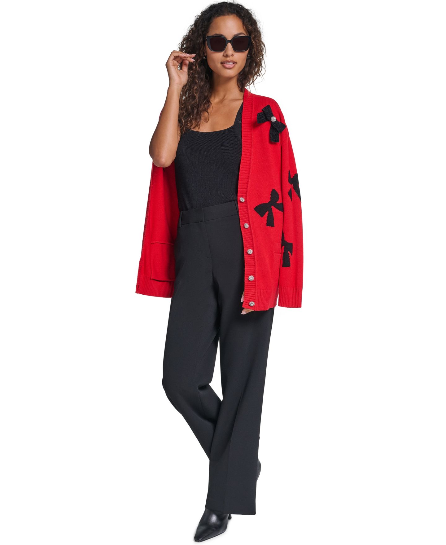 Женский кардиган KARL LAGERFELD PARIS Bow Long-Sleeve V-Neck, цвет: Красный / Чёрный — фото 4