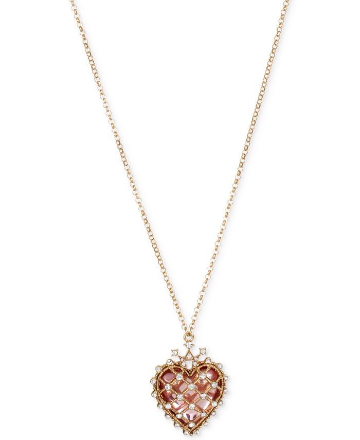 Betsey Johnson Gold-Tone Caged Heart Stone and Crystal Pendant Necklace ...