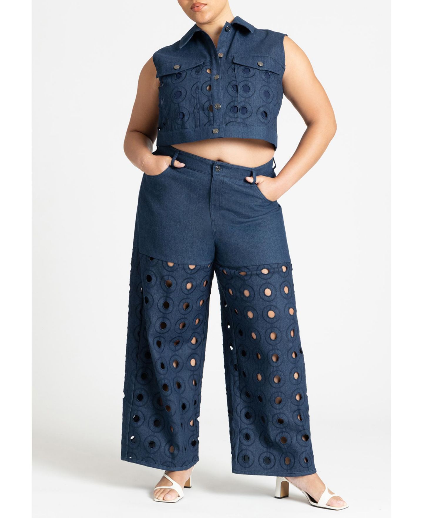 Женские брюки ELOQUII Circular Cutout Denim Pant, цвет: Тёмная варка джинсовый — фото 4