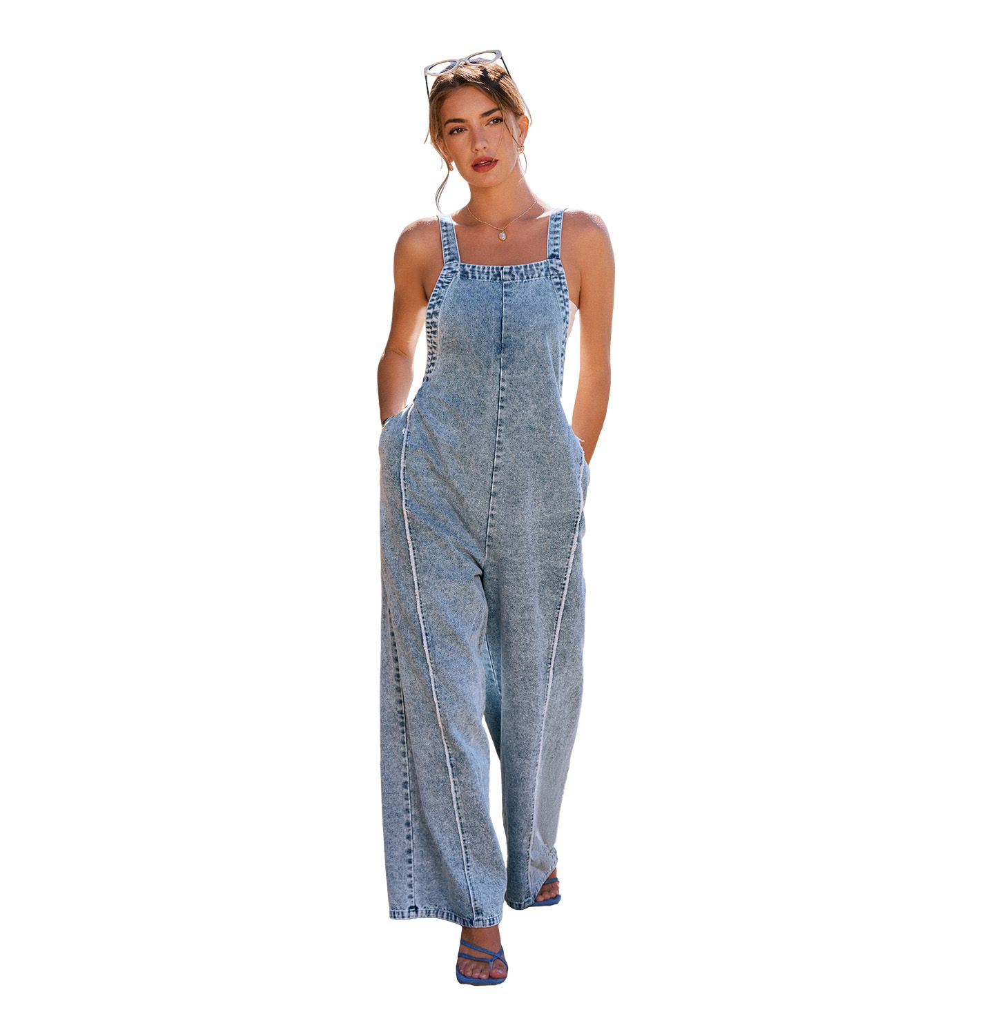 Женский комбинезон Cupshe Square Neck Denim Jumpsuit, цвет: Пастельный синий — фото 1
