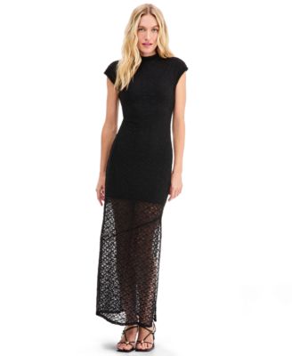 Women's Mock Neck Lace Cap-Sleeve Maxi Dress