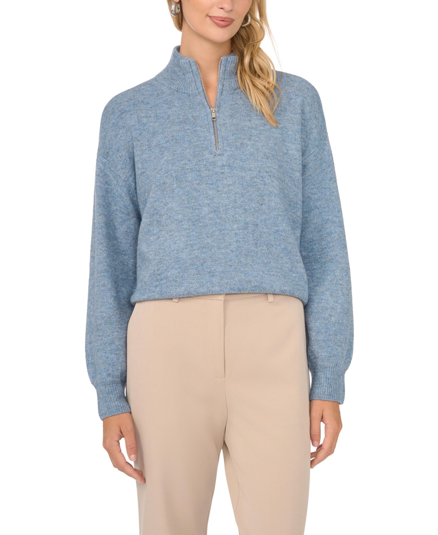 Женский свитер Vince Camuto Quarter-Zip Mock-Neck, цвет: Джинсовый меланжевый — фото 1