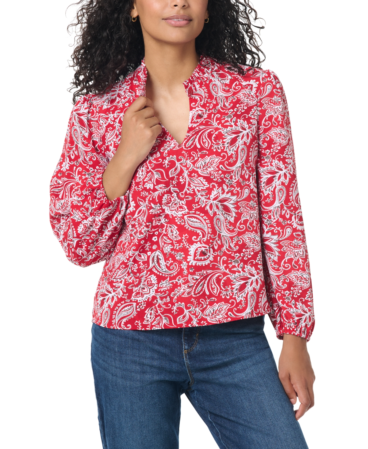 Gloria Vanderbilt Women's Franklin Long-Sleeve Ruffle-Banded Collar Peasant Blouse - Red Silk Blooms