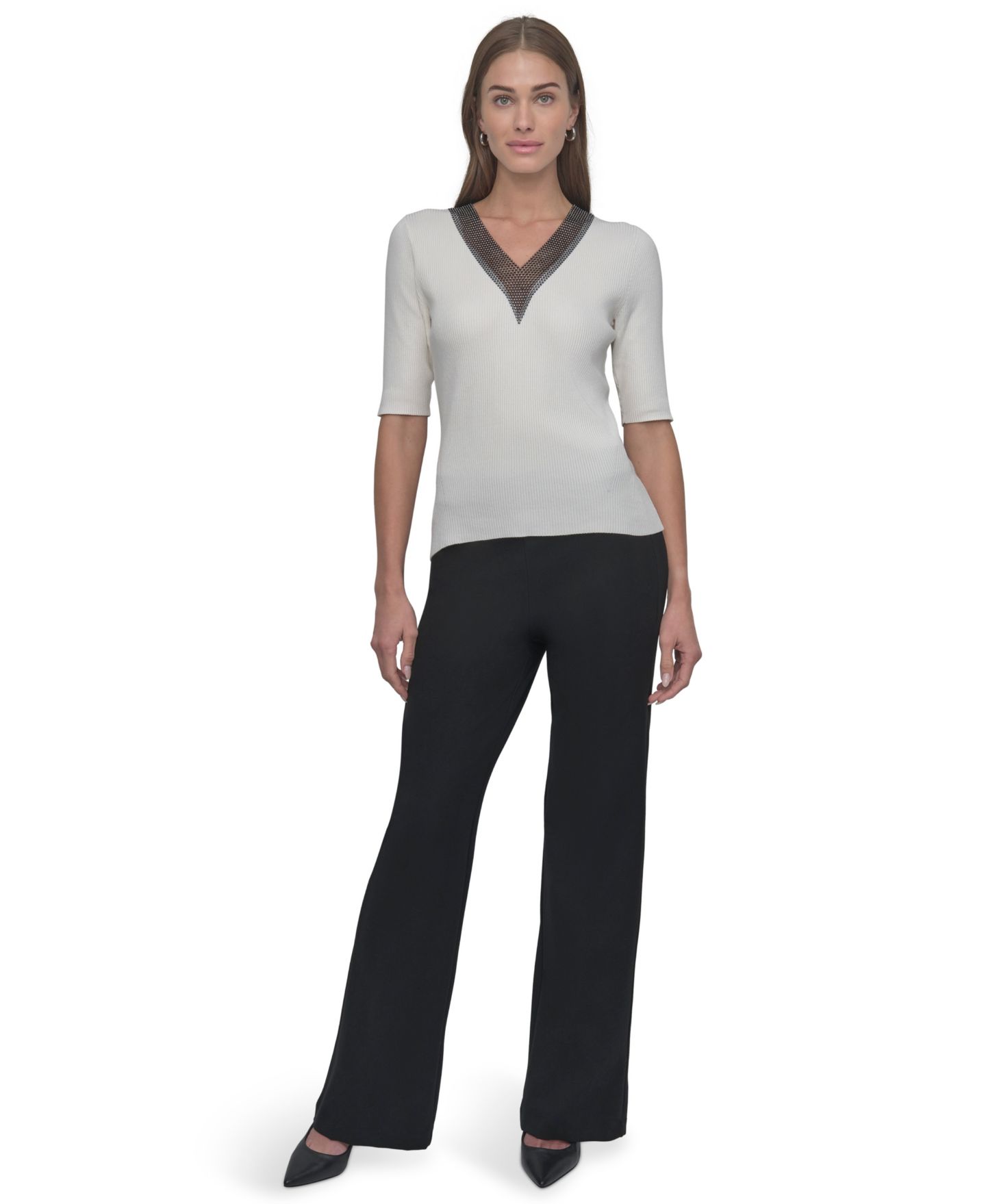 Женский свитер DKNY Crystal V-Neck Cable-Knit Embellished Pullover, цвет: Слоновая кость — фото 2