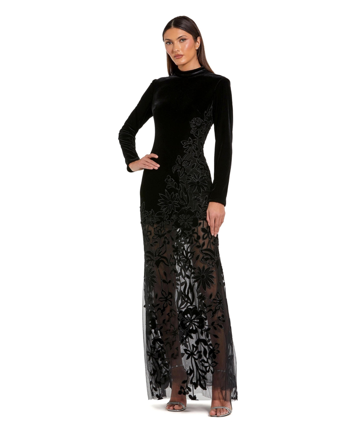 Ieena for Mac Duggal - Black Long Sleeve Sheer Floral Embroidered Velvet Dress - US XS