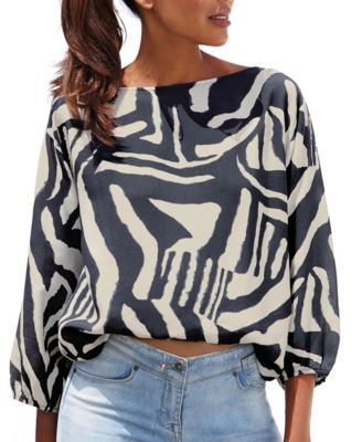 Women's Abstract-Print Boat-Neck Balloon-Sleeve Blouse