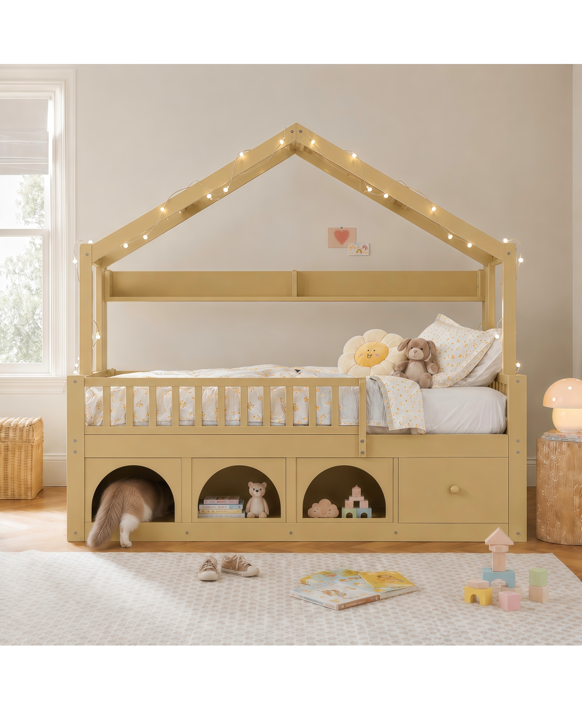 Streamdale Furniture Kids Montessori Floor Bed with Led, Roof, Guardrails, Drawers and Cubby