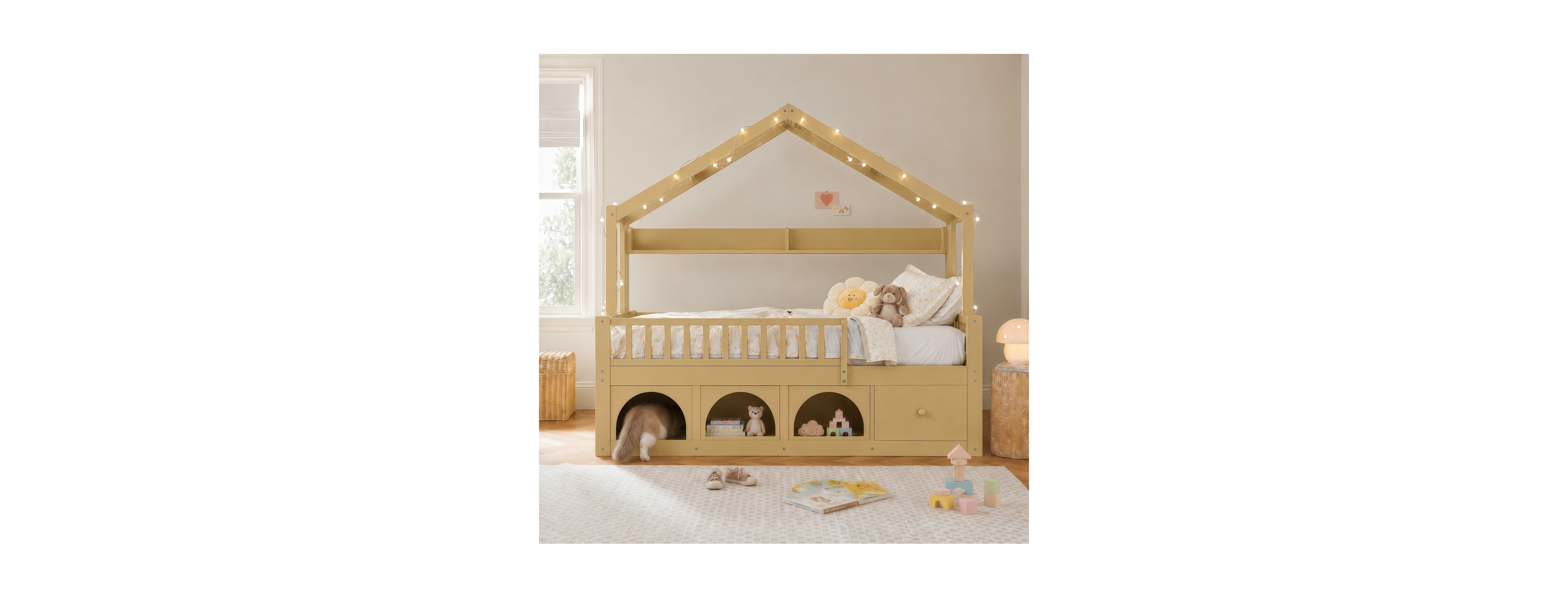 Streamdale Furniture Kids Montessori Floor Bed with Led, Roof, Guardrails, Drawers and Cubby